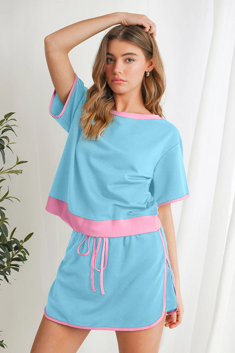 Fall Into Me Colorblock Shirt & Skirt Set in Blue