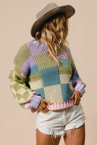 Angel Girl Color Block Checkered Sweater