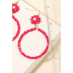 Triangle Beaded Hoop Drop Earrings Hot Pink