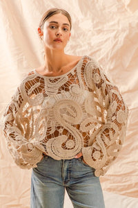 She Tried Crochet Lace Flared Sleeves Top