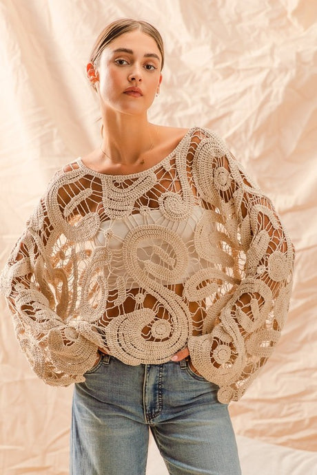 She Tried Crochet Lace Flared Sleeves Top