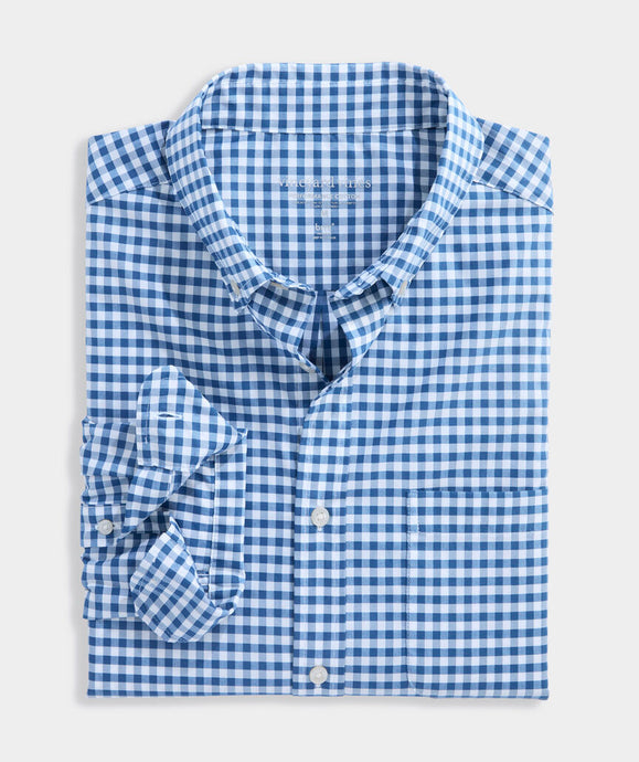 Vineyard Vines Skysail Gingham Performance Cotton Shirt in Blue Bay