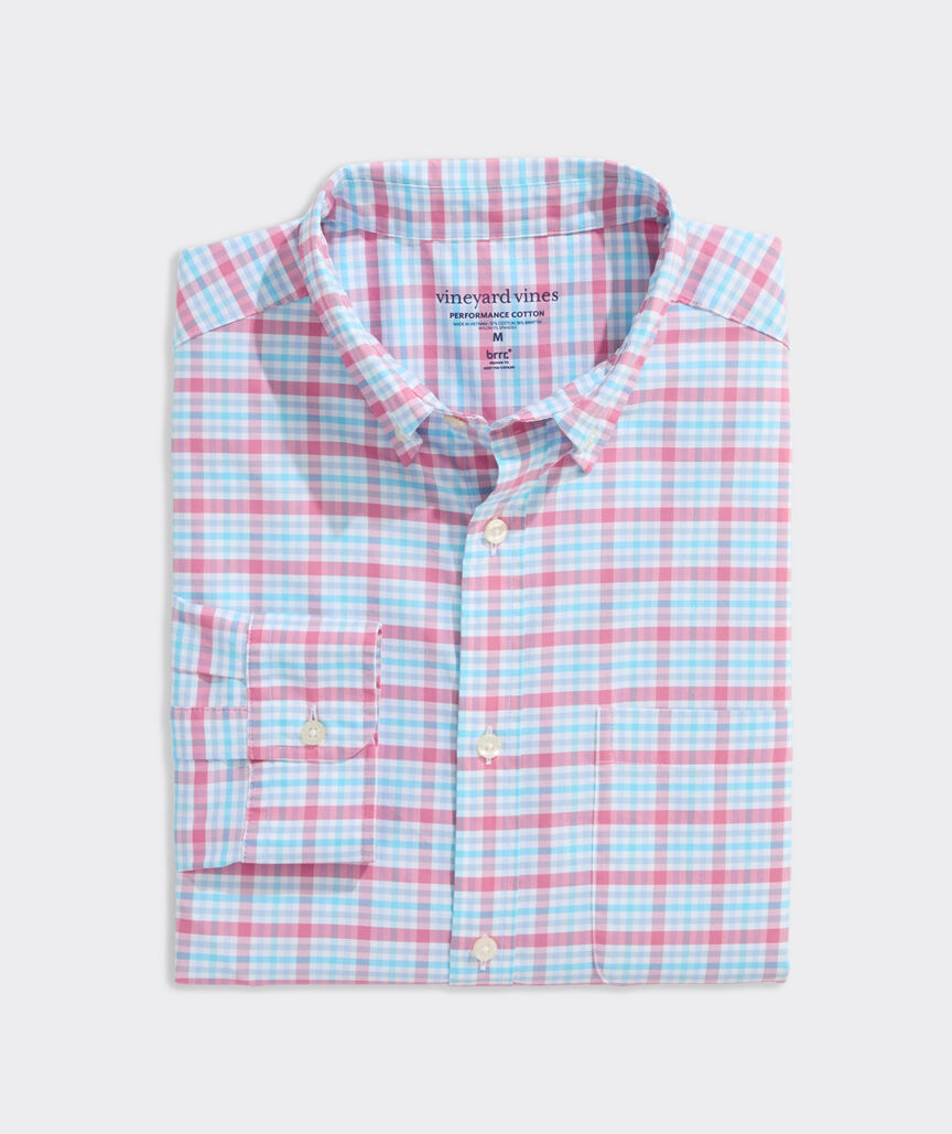 Vineyard Vines Bellamy Plaid Performance Cotton Shirt in Suset Pink