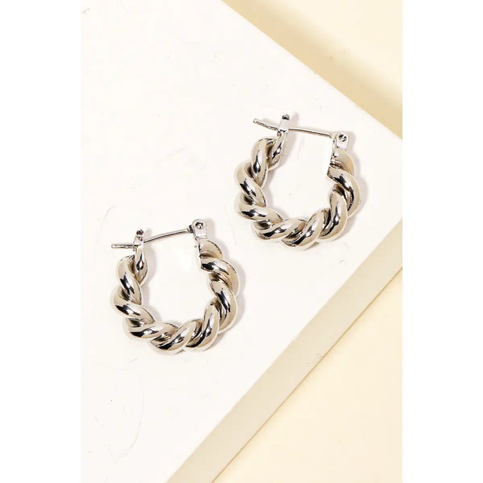 Mini Circle Twist Latch Hoop Earrings Silver