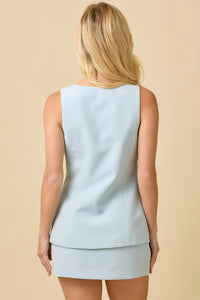 Last Night Lonely Button Down Sleeveless Blazer Romper in Light Blue
