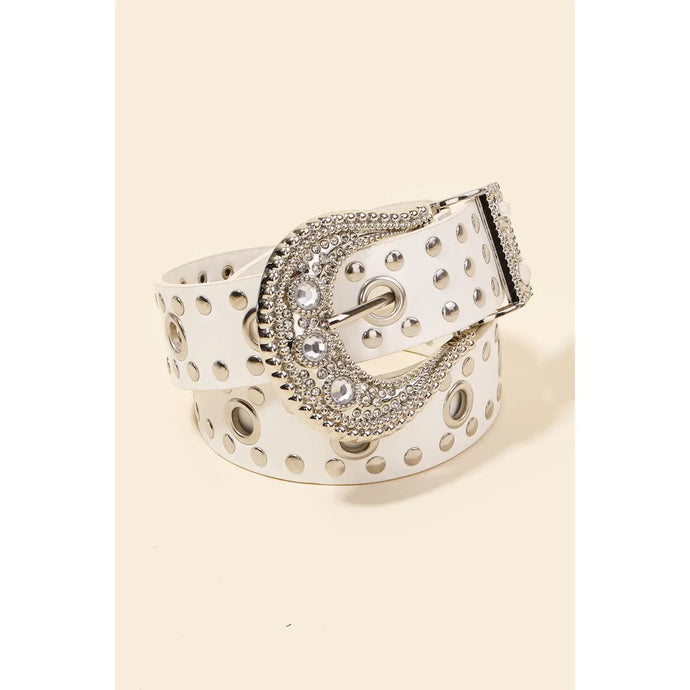 Rhinestone Buckle Grommet Belt White