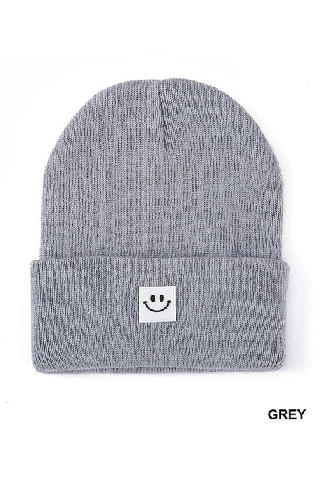 All Smiles Smiley Face Patch Beanie in Grey