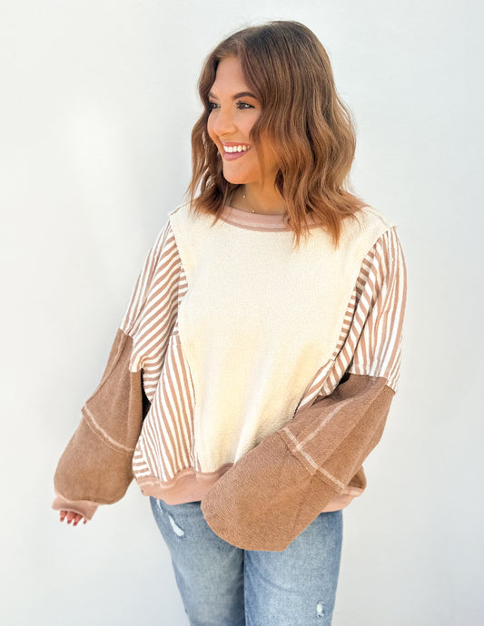 You're Misunderstood Terry Stripe Pullover in Oatmeal