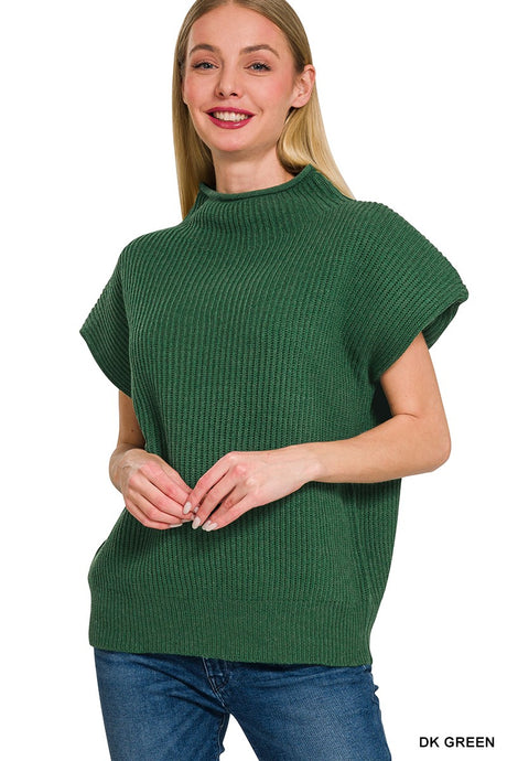 Cozy Conversations Mock Neck Sweater in Dk Green