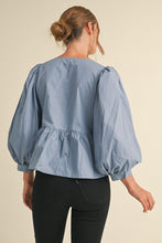 Load image into Gallery viewer, Happy Accidents Bow Peplum 3/4 Sleeve Blouse in Denim