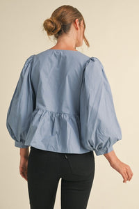 Happy Accidents Bow Peplum 3/4 Sleeve Blouse in Denim