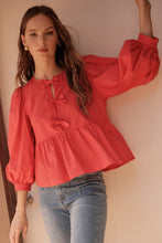 Load image into Gallery viewer, Happy Accidents Bow Peplum 3/4 Sleeve Blouse in Red