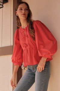 Happy Accidents Bow Peplum 3/4 Sleeve Blouse in Red