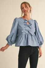 Load image into Gallery viewer, Happy Accidents Bow Peplum 3/4 Sleeve Blouse in Denim