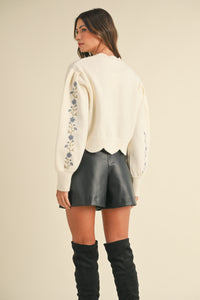 Cute Pick Embroidered Floral Sweater