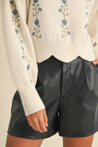 Cute Pick Embroidered Floral Sweater