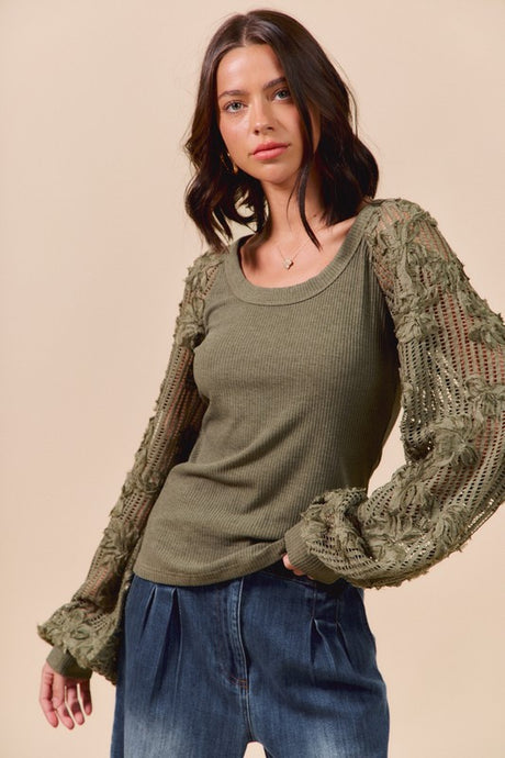 Yesterday Rib Knit Top with Lace Balloon Sleeves in Lt. Olive