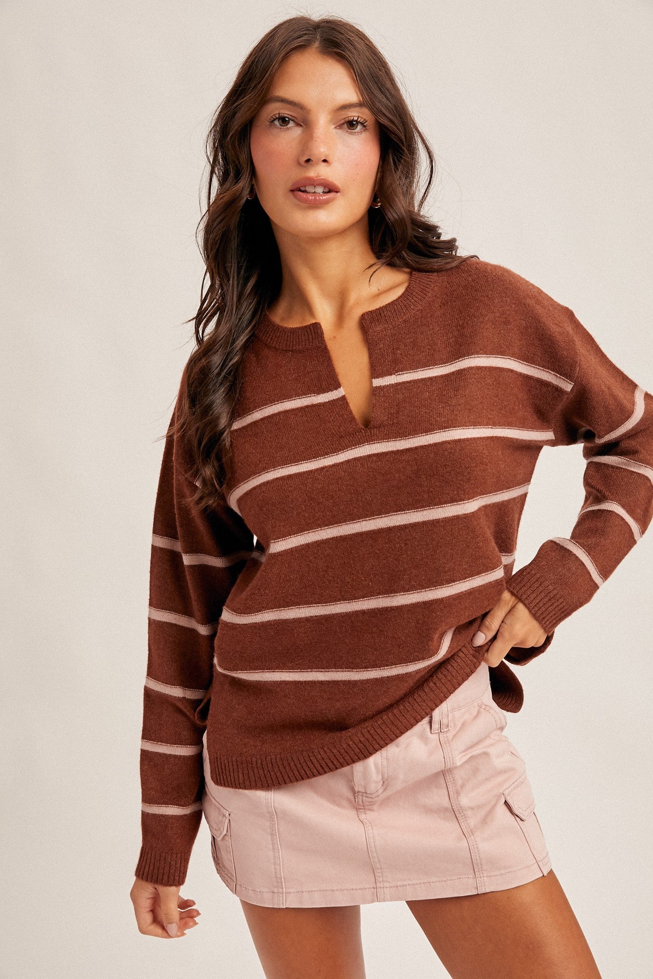 All Messed Up Stripe V-Neck Sweater Top in Brown/Pink