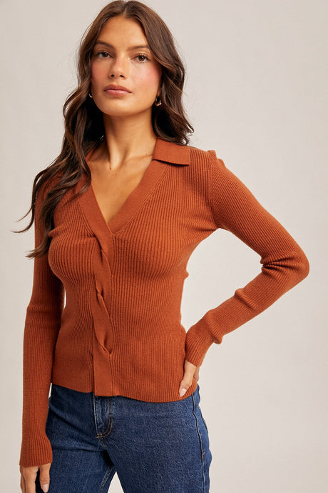Full Heart Front Twist Collard Sweater Knit Top