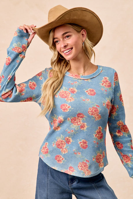 Now You Have Do This Floral Print Thermal Top in Denim