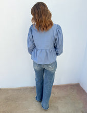 Load image into Gallery viewer, Happy Accidents Bow Peplum 3/4 Sleeve Blouse in Denim