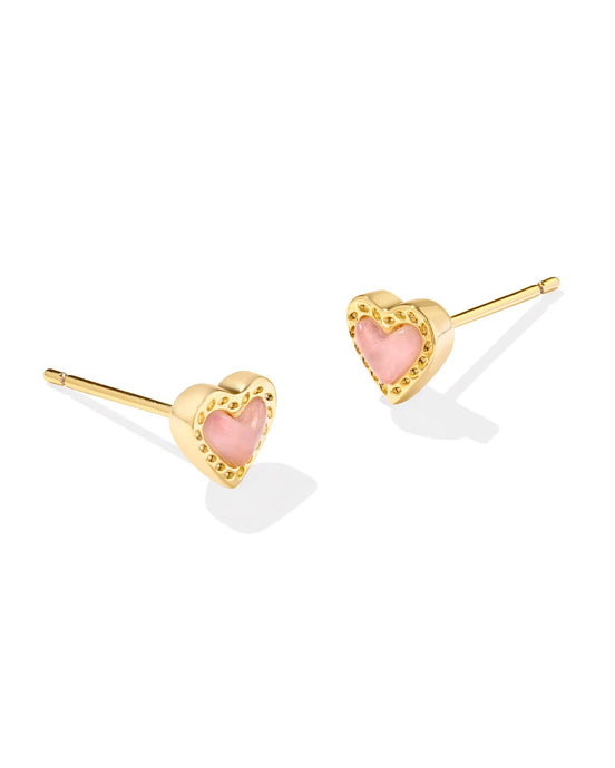 Kendra Scott Mini Ari Heart Stud Earrings in Gold Rose Quartz