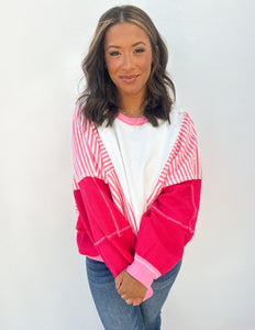 You're Misunderstood Terry Stripe Pullover in Pink