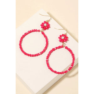 Triangle Beaded Hoop Drop Earrings Hot Pink