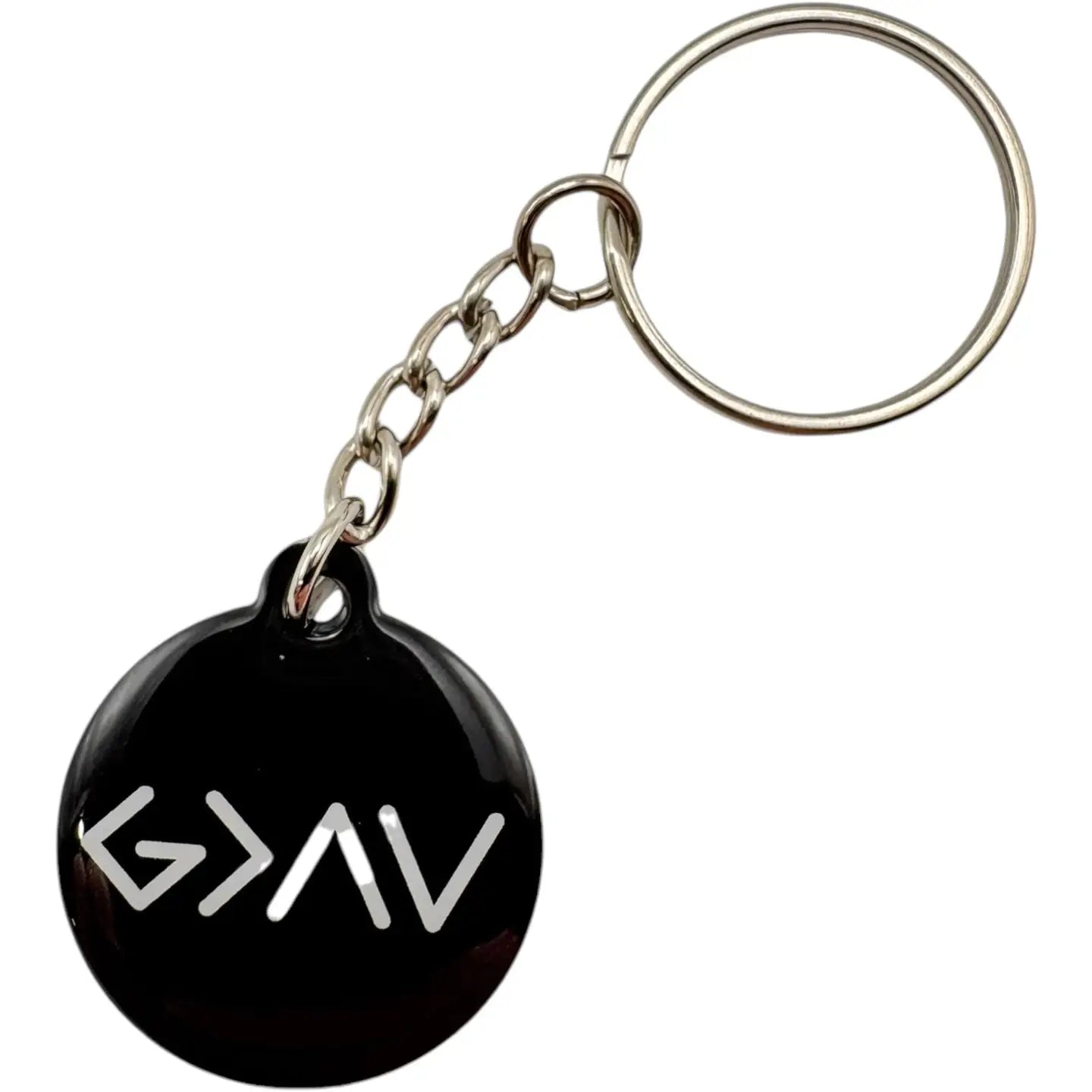 Versible Black + God is Greater Tap to Pray Keychain