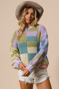 Angel Girl Color Block Checkered Sweater