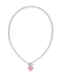 Kendra Scott Ari Heart Enamel Frame Chain Necklace in Silver Pink Iridescent Glitter