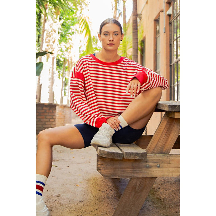 Looking Up Open Back LS Top in Red/Ivory