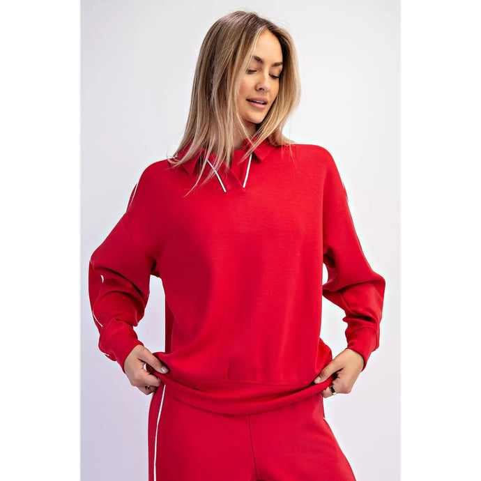 Hurry Up Modal Scuba Double Piping Polo Top in True Red