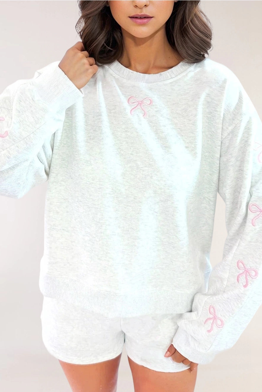 No Worries Bow Embroidery Pullover and Shorts Set