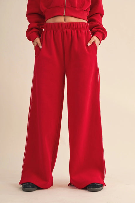 Not Like Her Core Cozy Fleece Wide Leg Sweatpants in Cherry