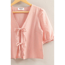 Load image into Gallery viewer, Loving You Gingham Print Bow Tie Puff Sleeve Blouse in Pink