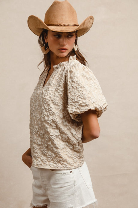 All You'll Ever Need Floral Texture Short Balloon Sleeve Top