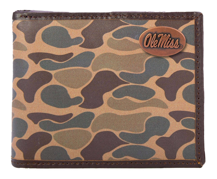 Ole Miss Rebels Men's Bifold Old School Camo Leather Wallet.: Brown/Tan Camo