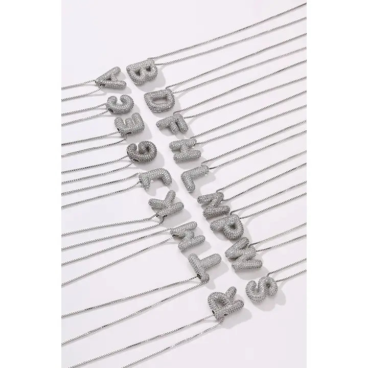Initial Pave Rhinestone Bubble Balloon Silver Necklace