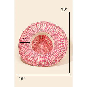 Checkered Straw Weave Sun Hat Fuchsia