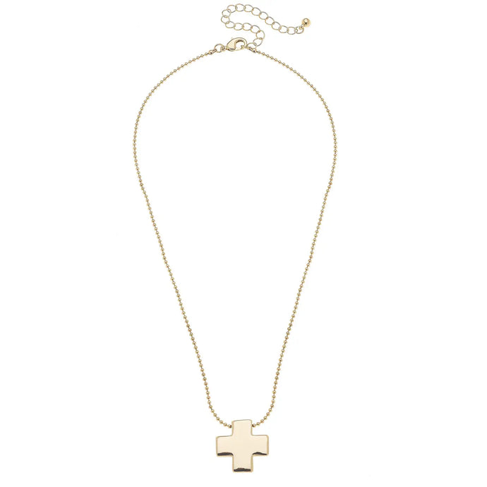 Edith Square Cross Ball Bead Necklace in Shiny Gold