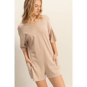 Never Leave Casual V-Back Short Sleeve Romper in Dk. Taupe