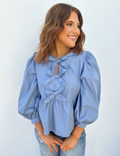 Load image into Gallery viewer, Happy Accidents Bow Peplum 3/4 Sleeve Blouse in Denim