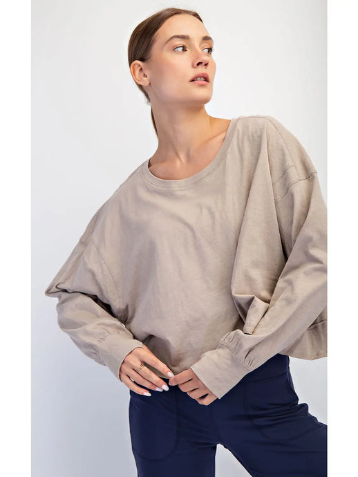 Without You Cotton Slub Open Back LS Top in Taupe