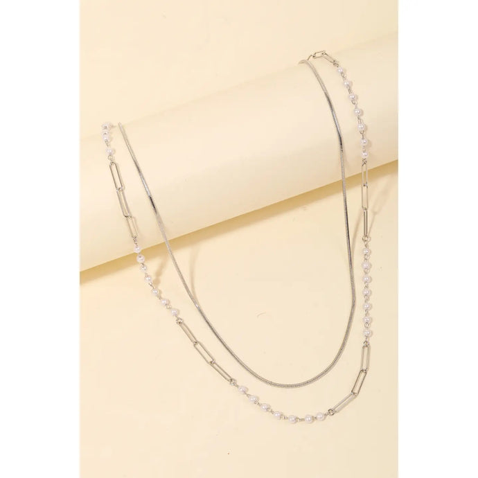 Double Chain Bead Layered Necklace Silver