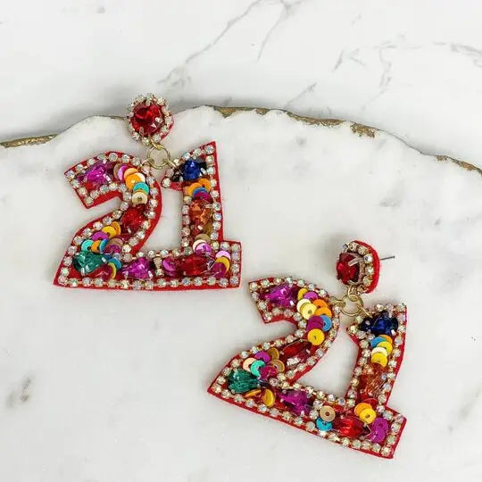 21 Birthday Glitzy Sequin Dangle Earrings