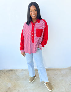 November Nights Striped Henley Top in Red