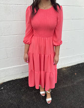 Load image into Gallery viewer, Loved By You Smocked Tiered Midi Dress Coral