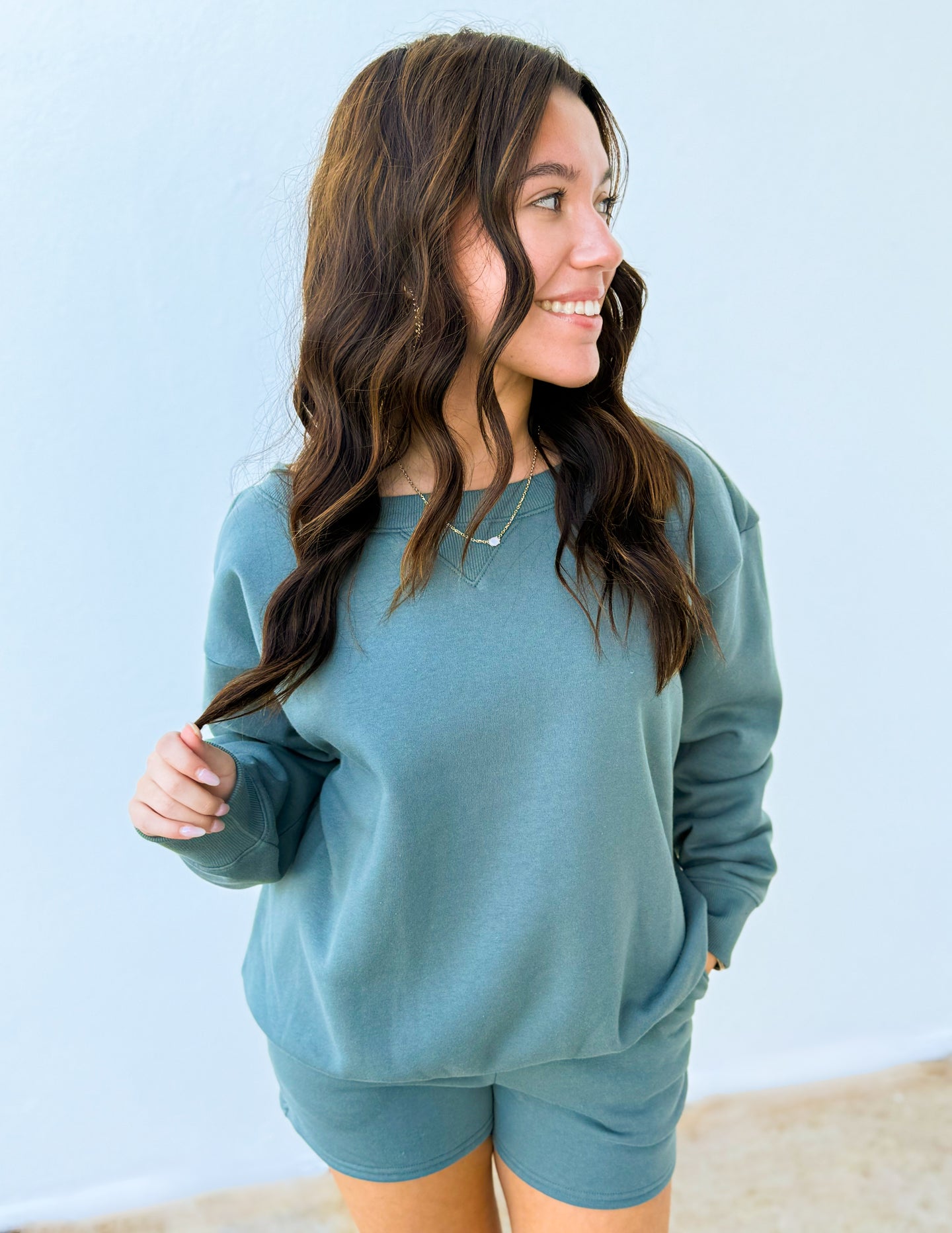 You Know Me Boat Neck Sweatshirt & Shorts Set in Ash Jade