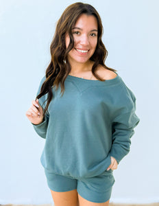 You Know Me Boat Neck Sweatshirt & Shorts Set in Ash Jade